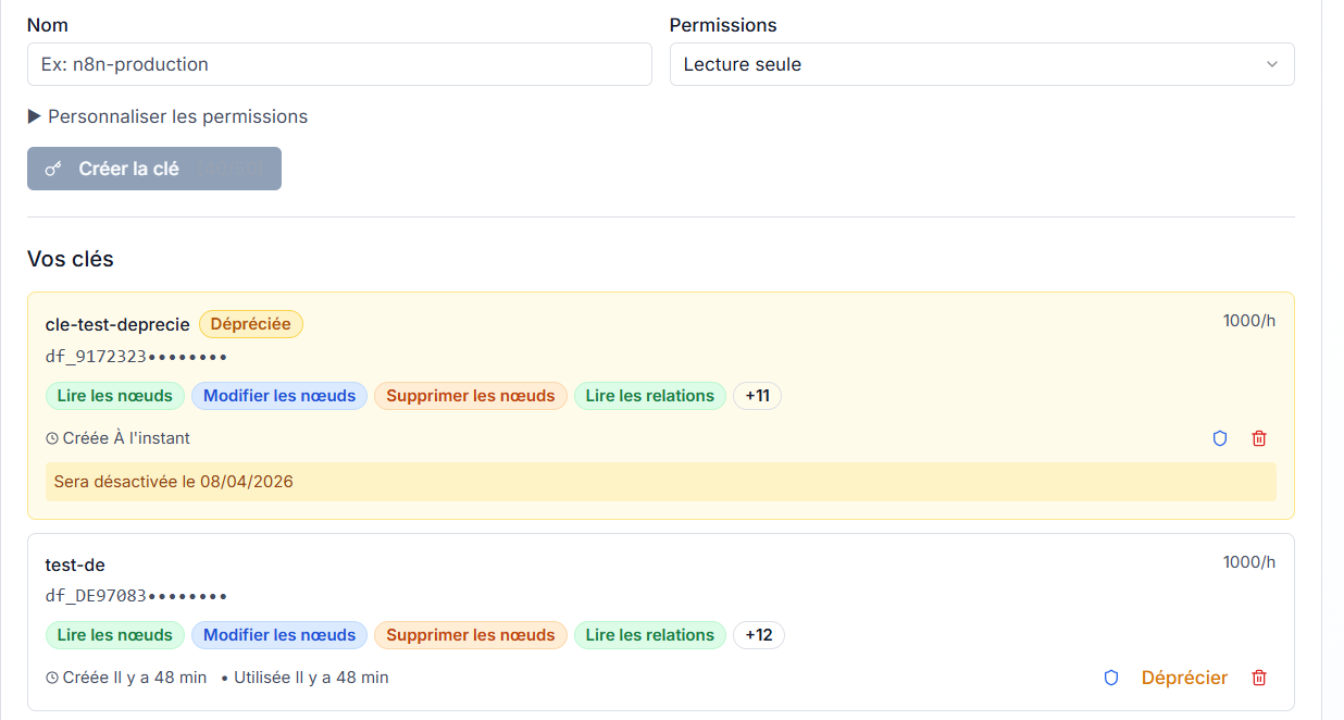 Liste des cles API — creation, cle depreciee et cle active
