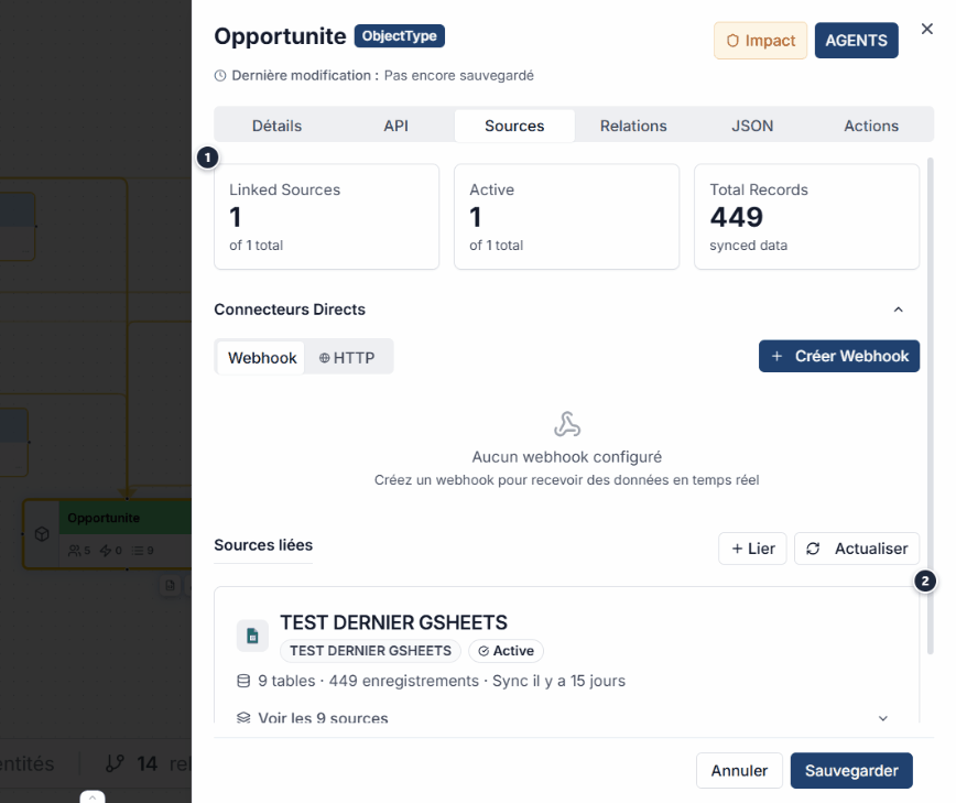 Onglet Sources d'une entite