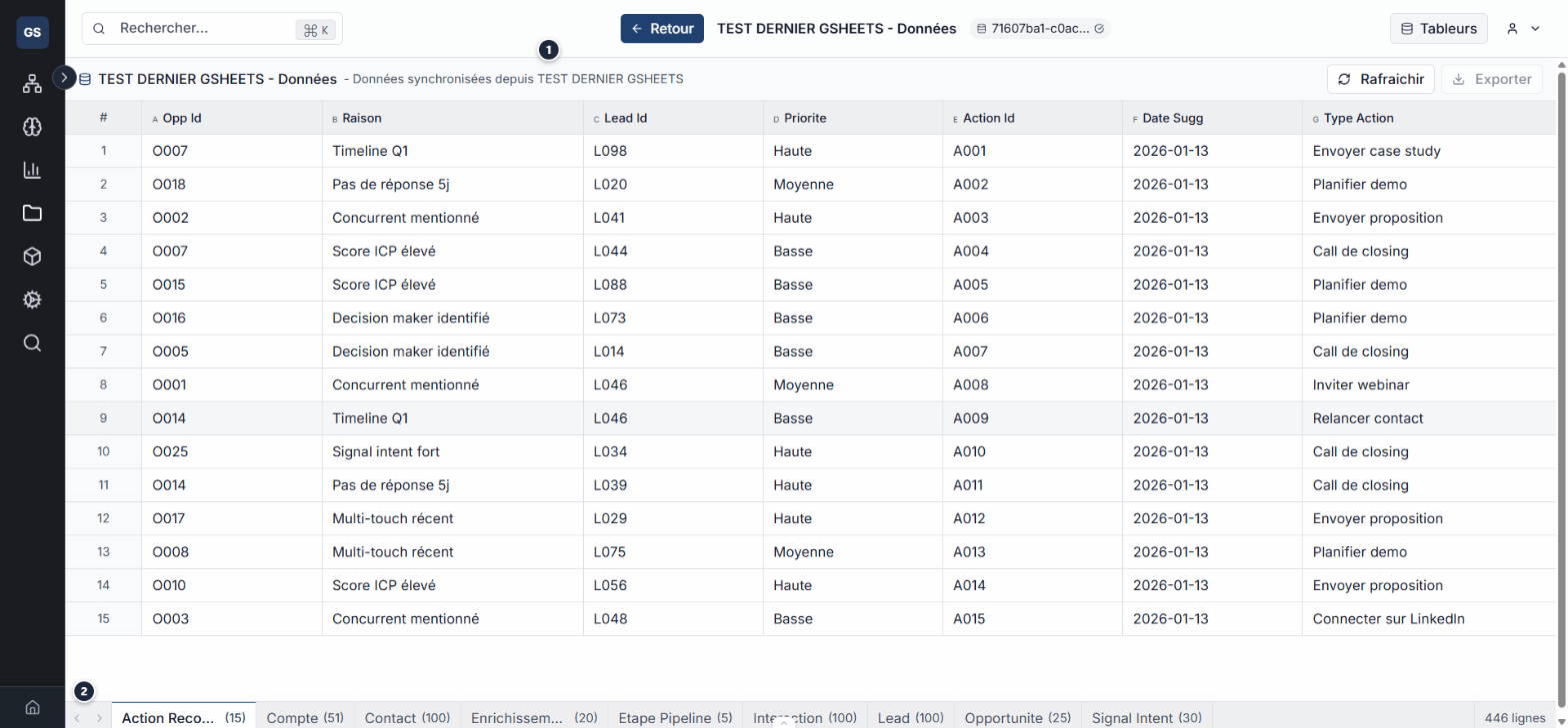 Tableur source-linked avec onglets par source