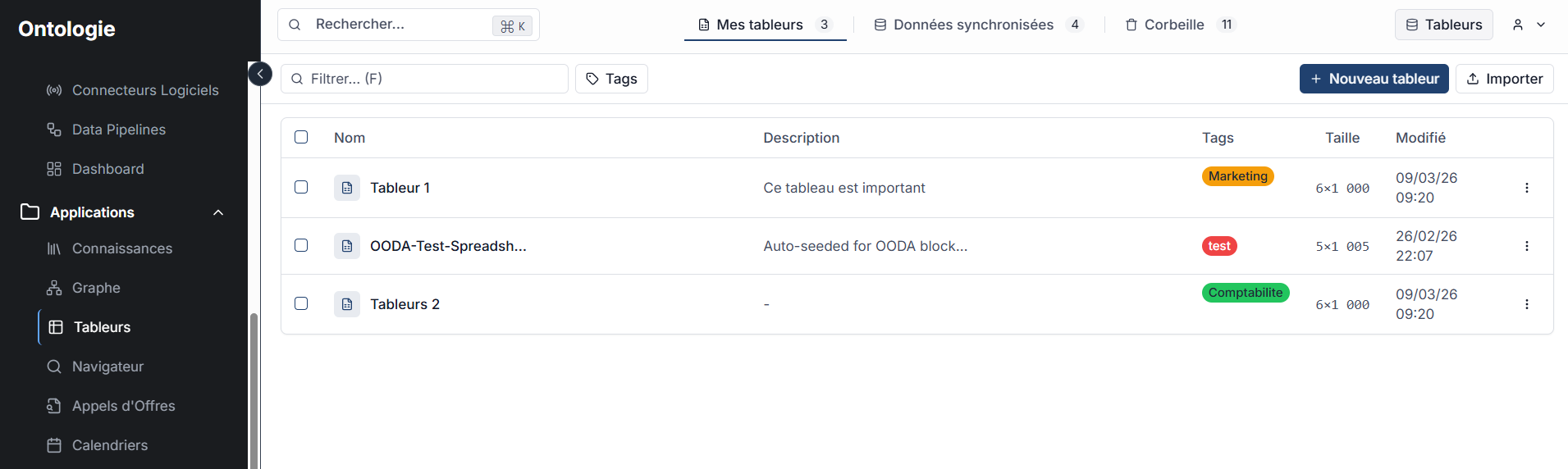 Onglet Mes tableurs avec tags