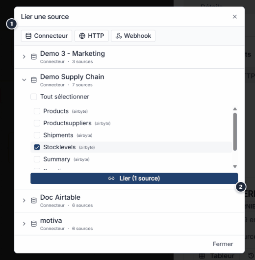 Source selection modal